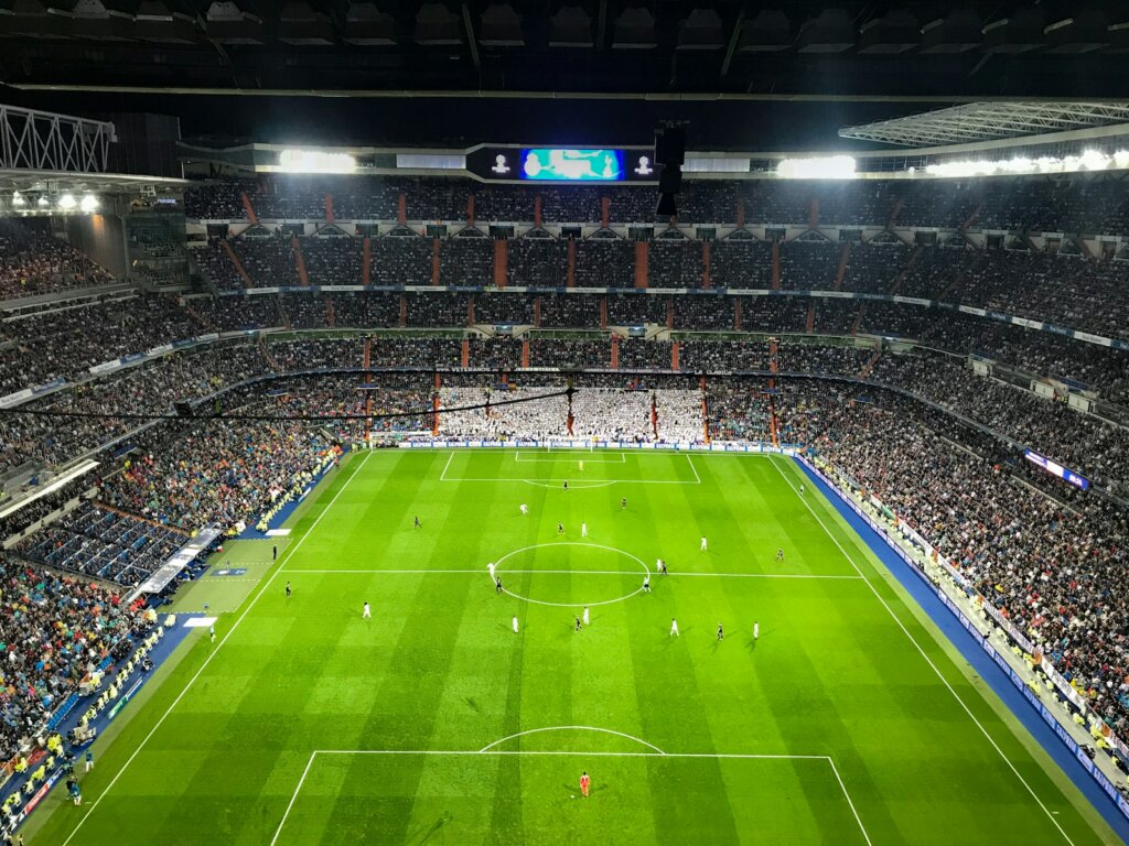 aerial photography of soccer game inside stadium